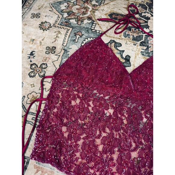 Vintage Hand Beaded y2k Open Back Tie Top Crop Pink Floral Halter Tank Medium - Picture 10 of 16